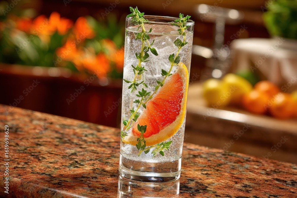 Aufkleber a refreshing grapefruit and thyme sparkling drink on a granite counter.
