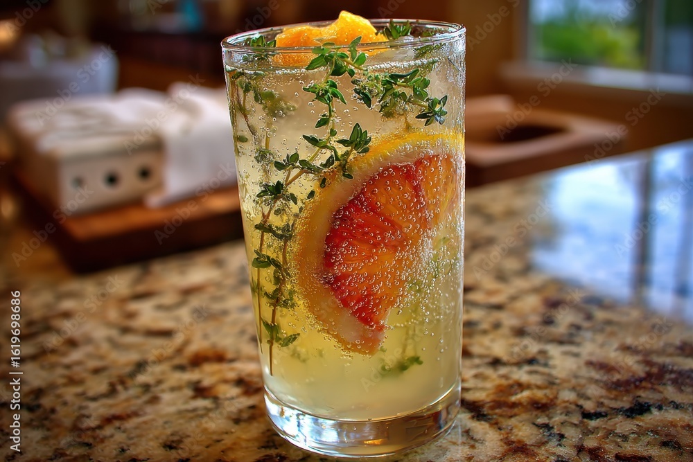 Aufkleber refreshing citrus drink with thyme and sparkling bubbles on a granite counter
