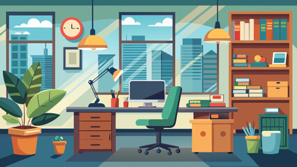 Vector art of modern office interior with a desk, computer, chair, and plants, overlooking a cityscape through large windows, creating a productive workspace