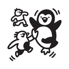 Adorable Penguin Line Art Playing with Friends Fun Bold Coloring Design for Kids. 