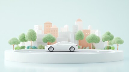 Minimalist White Car in Pastel Cityscape 3D Render, Urban Design, Eco-Friendly Vehicle Keywords 3D rendering, automotive