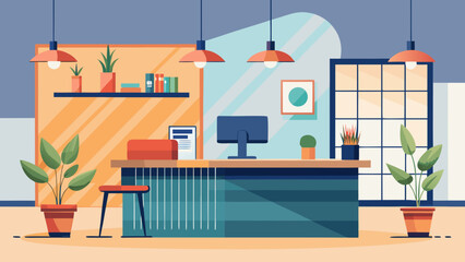 Vector art of modern office reception desk with plants, computer, and lamps, creating a welcoming and professional business environment