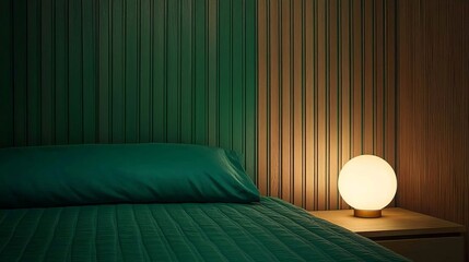Moody Green Bedroom Oval Lamp on Wood, Textured Walls, Minimalist Composition, Interior Design, Night Mood Interior Design, Bedroom Decor
