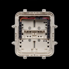 Fototapeta premium Inside view of an electrical box with wires, showcasing its components in detail.