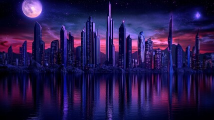 Neon Cityscape at Night Digital Painting of Futuristic Metropolis under Pink Moon, Cyberpunk, Fantasy Cyberpunk, Fantasy