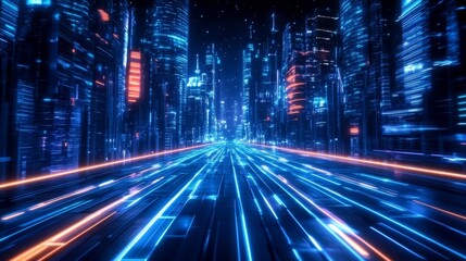 Neon Cityscape Digital Art, Futuristic Road, Blue and Orange Glowing Lines, Cyberpunk Style Cyberpunk, Digital City