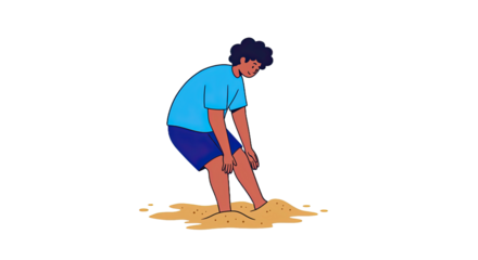 Cartoon Man Standing on Sand Looking Down in Blue Shorts