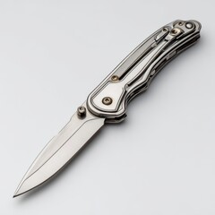 Obraz premium A close-up shot of a sleek, silver folding knife, showcasing its sharp blade and intricate design. The knife lies still, capturing the light.