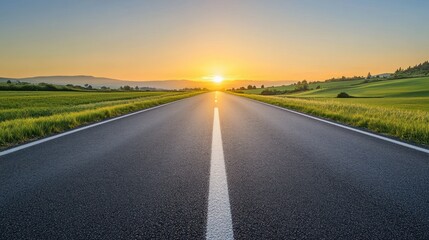 Fototapeta premium A sunlit road stretches towards a vibrant sunset over rolling green hills.