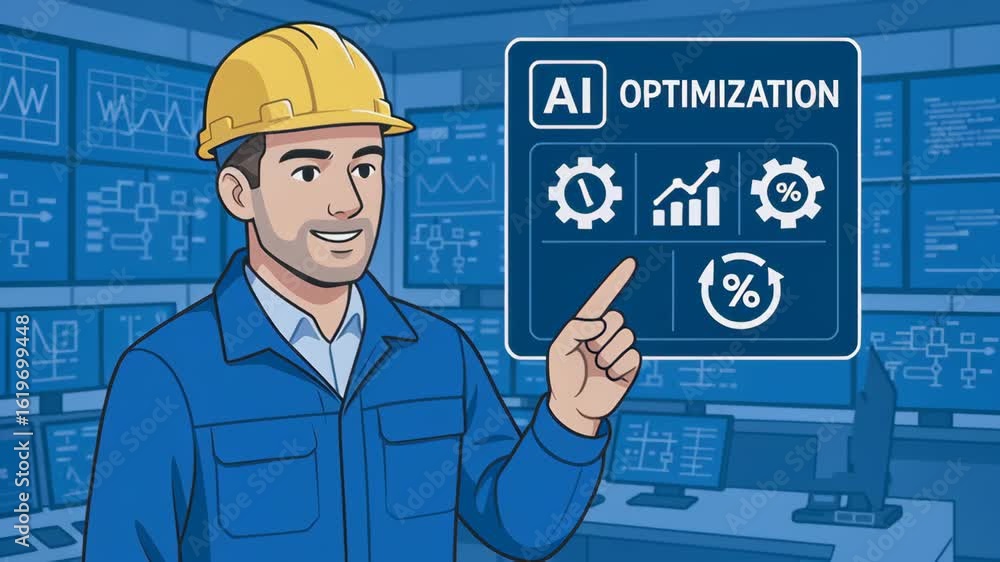 Poster ai optimization enhances energy sector engineering work efficiency with helmeted engineer controllin