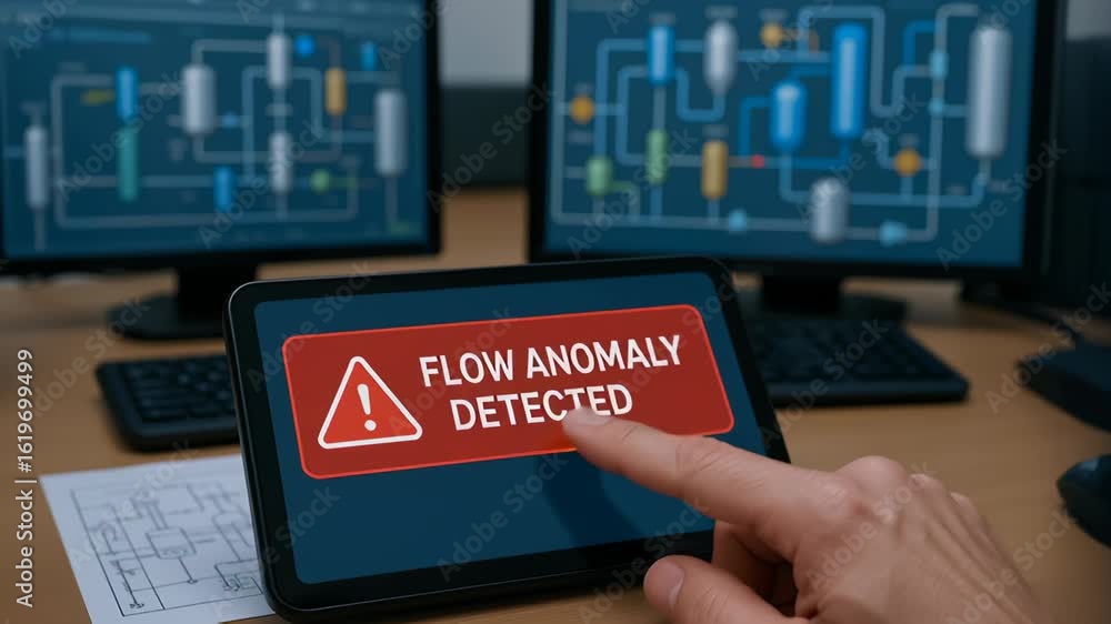 Aufkleber flow anomaly alert on digital device in engineering control room for energy sector work monitoring a