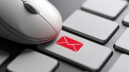 Cyber Hygiene Awareness Concept. A close-up of a computer mouse hovering over a keyboard key featuring a red envelope icon, symbolizing secure email communication practices.
