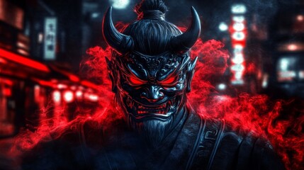 Oni Mask Samurai Red Smoke, Digital Art, Cyberpunk City, Digital Painting Oni Mask, Cyberpunk