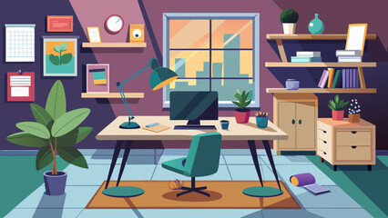 Fototapeta premium Vector art of modern home office interior with a desk, computer, chair, lamp, plants, and a window overlooking a cityscape, flat illustration style