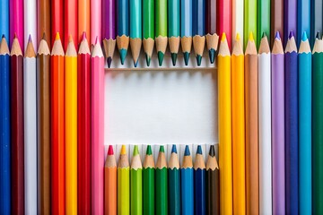 Vibrant rainbow of sharpened colored pencils arranged in a square