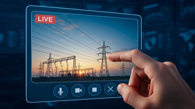 Energy sector engineering work with hand interacting on digital screen monitoring power transmission tower at sunset for efficient control