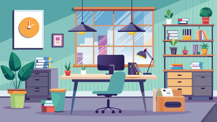 Vector art of stylish home office setup with a computer desk, chair, and plants, overlooking a city view through large windows, promoting a focused work environment