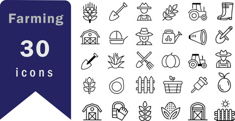 Farming icon set. Containing tractor, field, harvest, barn, cow, chicken, watering, irrigation, soil, seeds, crop and more. Editable line icons. Vector illustration