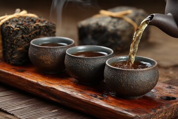 Authentic Chinese tea ceremony with hot tea pouring into traditional cups.