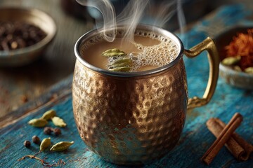 Warm and inviting Indian chai in a rustic copper mug with aromatic spices.
