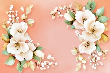 Pastel Peach Floral Composition Watercolor White Flowers Corner Frame, Botanical Illustration, Spring Blossom, Wedding Invitation Floral design, wedding stationery