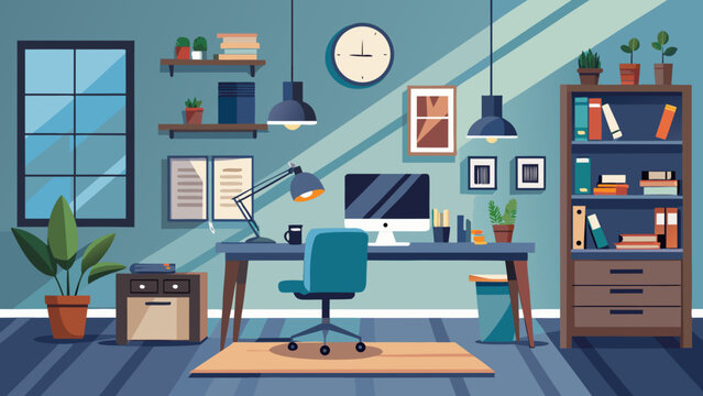 Vector art of stylish home office setup featuring a desk, computer, chair, lamp, shelves, clock, window, and plants, ideal for remote work and study