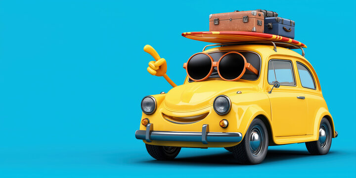 Cute funny cartoon character happy retro yellow car in sunglasses with luggage and surfboard on blue isolated background. Banner for summer tourism and car travel on sea on vacation