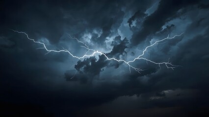 Intense lightning explosion in dark storm clouds under night sky highlighting nature’s raw power, dramatic atmosphere, and extreme weather abstract scene