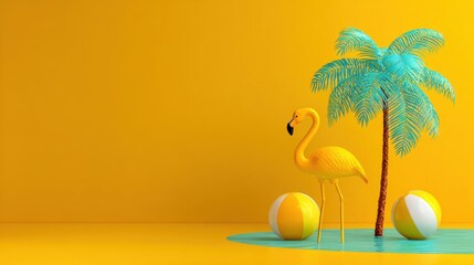 Yellow flamingo, teal palm tree, and beach balls on a yellow backdrop