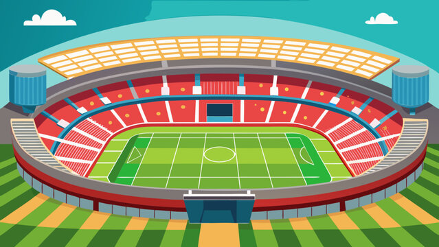 Vector art of colorful depiction of a soccer stadium with a lush green field, tiered seating, and floodlights, ideal for sports event promotion and design