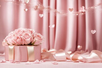 Pink Rose Gift Box with Ribbon and Hearts, Valentine's Day, Romantic Gift Valentine's Day, Romantic