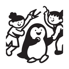 Adorable Penguin Line Art Playing with Friends Fun Bold Coloring Design for Kids. 