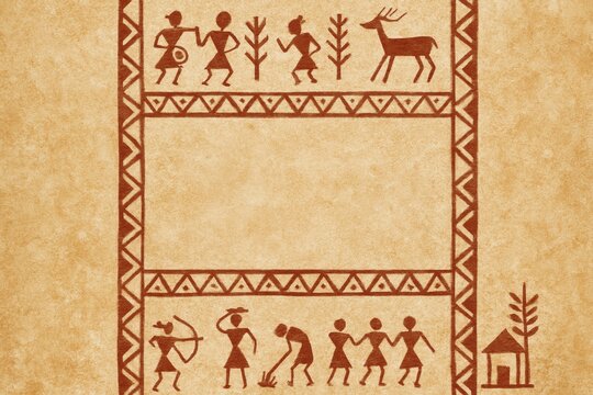 Traditional tribal art depicting human figures, animals, and daily life on parchment background, representing ancient rural lifestyle concept