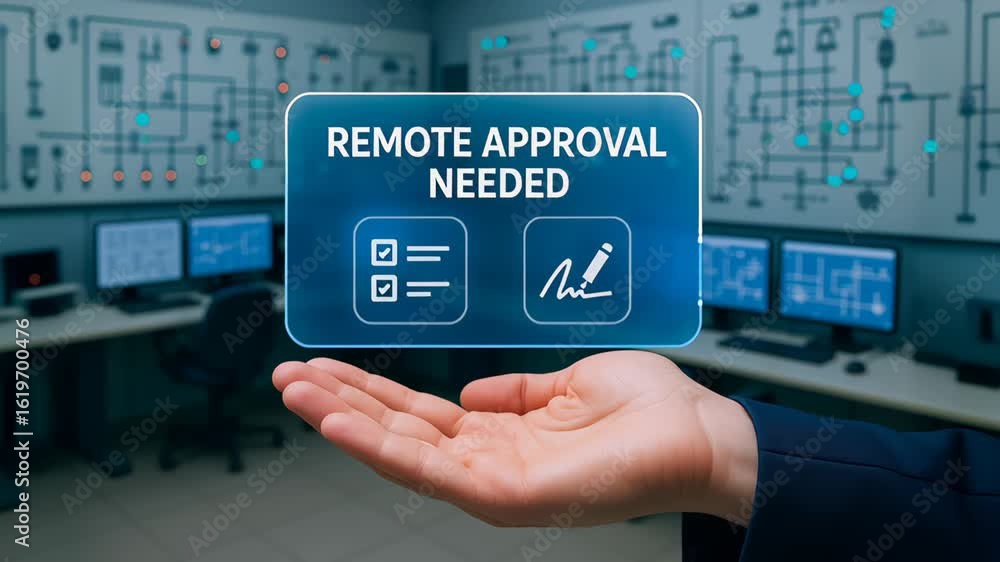 Aufkleber remote approval concept with hand and digital interface in engineering control room enhancing energy