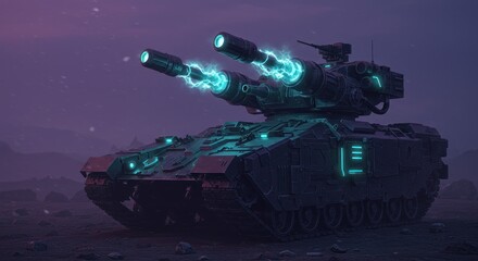 Futuristic Tank: Energy Weapon Discharge, Desolate Landscape, Cyberpunk Aesthetics