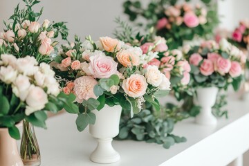 Obraz premium Pastel Rose Arrangements Close-up, Floral Composition in White Vases, Romantic Decor, Wedding Flowers Wedding Decor, Floral Design