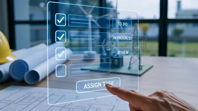 Task management energy sector engineering work progress checklist with hand pointing assign task button digital interface construction tools