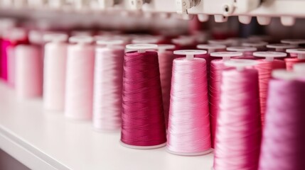 Pink and Purple Thread Spools Close-up Composition, Gradient Colors, Sewing Concept, Thread, Spools Thread, Sewing