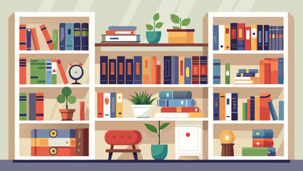 Fototapeta premium Vector art of cozy interior scene featuring a wellorganized bookcase filled with colorful books, plants, and decorative items, creating a warm and inviting atmosphere