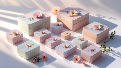 Elegant top-down view of pastel decorated cakes with fresh flowers.