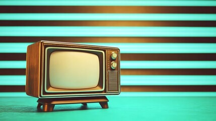 Retro TV on Teal Stripes Vintage Television Still Life, 3D Render, Nostalgia Retro Television, Vintage TV