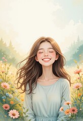 Naklejka premium A joyful young woman smiles amidst a vibrant flower field, radiating happiness and tranquility under a bright sky.