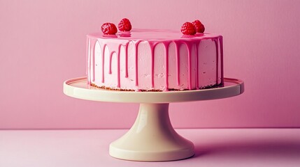 Pink Raspberry Cake Dripping Glaze, Minimalist Composition, Pastel Background, Dessert Photography Cake photography, food styling
