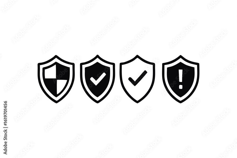Poster shield icons representing security levels approved safe attention and protected online security visu