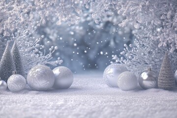Silver Christmas Ornament Winter Scene Snowy Forest Composition, 3D Render, Festive Decoration Christmas, Winter Wonderland