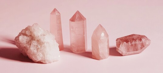 Pink Rose Quartz Crystal Still Life Pillars and Cluster, Pink Background, Healing Energy, Rose Quartz Composition, Crystal Healing Rose Quartz, Crystal Therapy