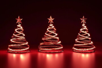 Three Spiral Christmas Trees Red Festive Lights, 3D Render, Minimalist Concept, Holiday Decor Christmas, Lights