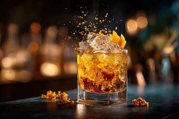 Dynamic Old Fashioned cocktail with a burst of orange zest over ice.