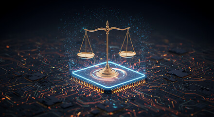 scale of justice, Digital balancing scale justice, fairness in modern technology environment. Holographic scales balance on illuminated datum background of ai circuitry. Innovation concept in abstract