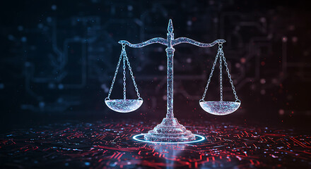 scale of justice, Digital balancing scale justice, fairness in modern technology environment. Holographic scales balance on illuminated datum background of ai circuitry. Innovation concept in abstract